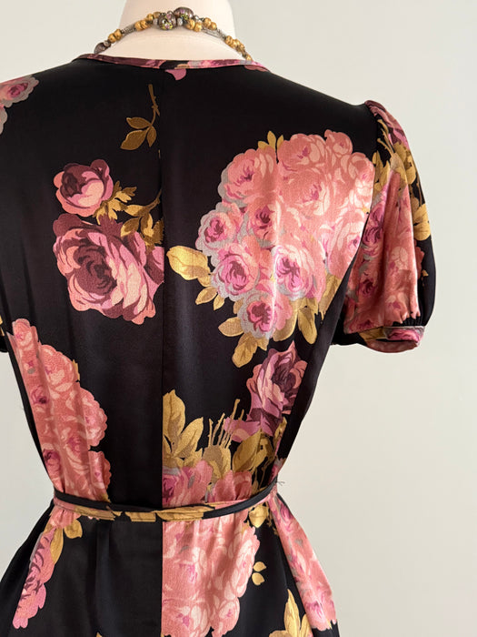 Iconic 1990's Silky Black Rose Print Mini Wrap Dress By Betsey Johnson / SM