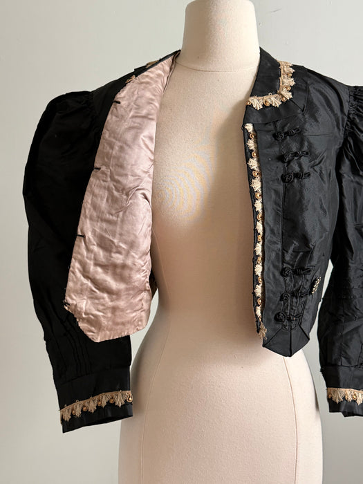 Exquisite 1890s Black Silk Taffeta Cropped Jacket, "The Palmer Garment," / AS IS