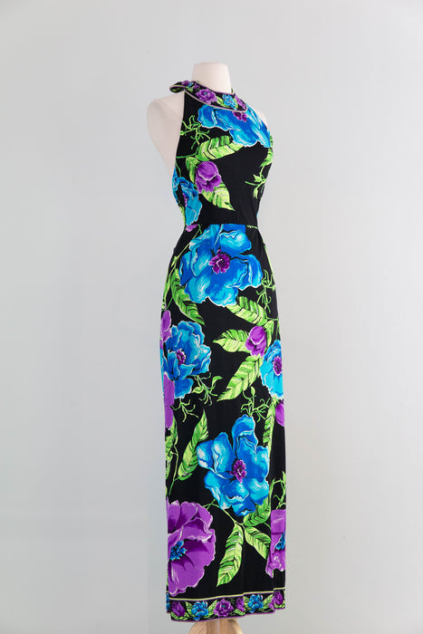 Divine 1970's Mr Dino Halter Neck Deep Tropical Floral Print Maxi Dress / SM