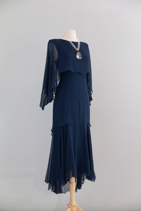 Rare Vintage Holly’s Harp Navy Silk Chiffon Tiered Gown / M
