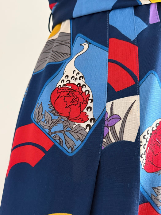 Chic 1970's Hanae Mori Fan Print Jersey Day Dress / XS