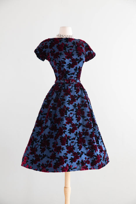 Gorgeous 1950’s Samuel Winston by Roxane Demi Couture Flocked Velvet Cocktail Dress / SM