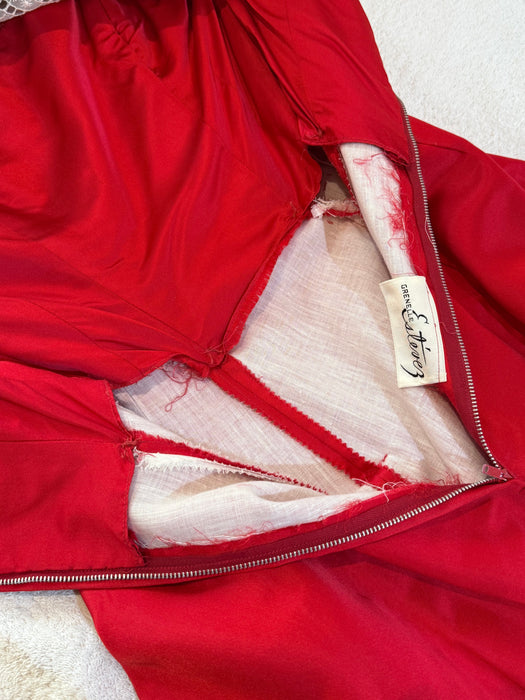 Iconic 1950's Cherry Red Silk Satin Demi Couture Evening Dress By Estevez / S
