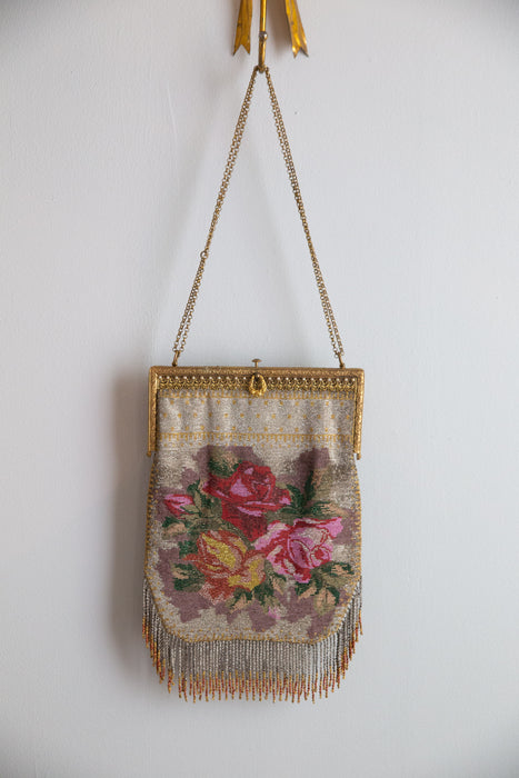 Beautiful Antique Edwardian Rose Micro Beaded Handbag