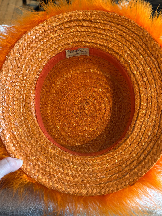Iconic 1960's Orange Marabou & Straw Hat By "Happy Cappers"