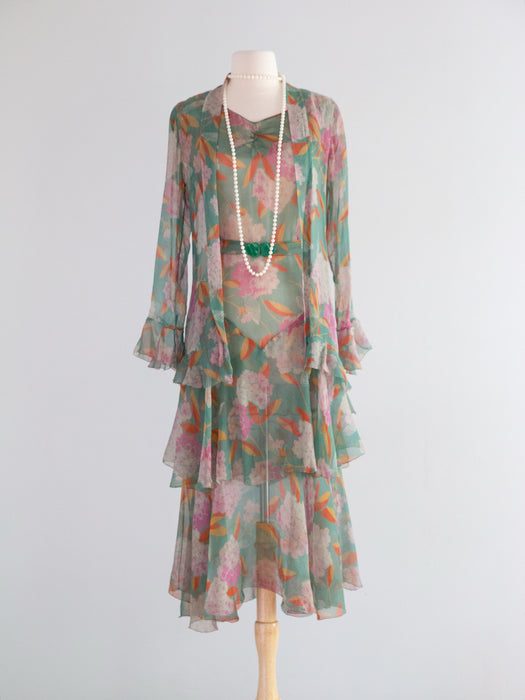 Exquisite Late 1920’s Green Silk Hydrangea Print Dress And Jacket Set / S