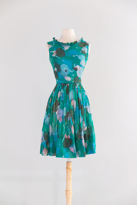 Dreamy Early 60's Teal Blue Impressionist Rose Print Cotton Sundress / S