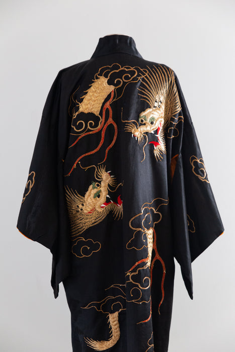 Fabulous Early 20th Century Japanese Export Silk Kimono Robe with Couched Gold Dragons / OS