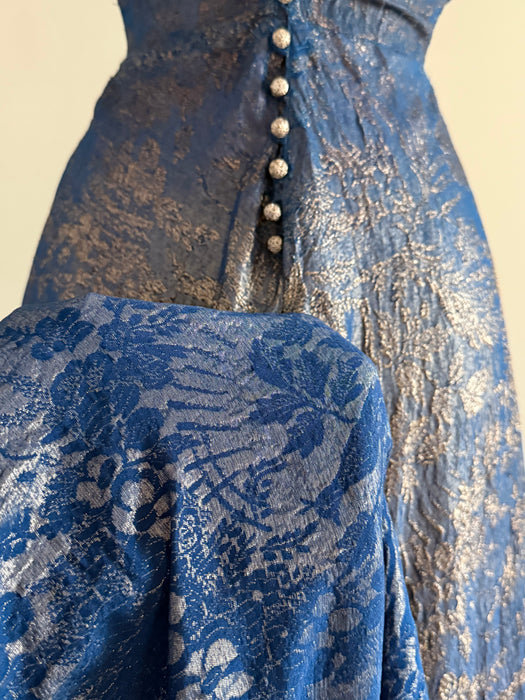 Rare 1930s Shimmering Silver Lamé Evening Gown in Lapis Blue / S