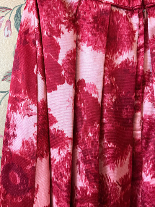 Elegant 1950's Poppy & Dahlia Print Silk Faille Cocktail Party Dress / XXS