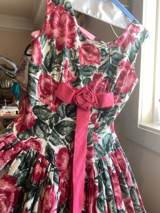 Spectacular 1950's Polished Cotton Rose Print Party Dress / Small