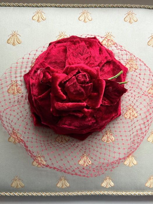 Scrumptious 1950's Red Panne Velvet Rose Bud Cocktail Hat By Mr. Irving