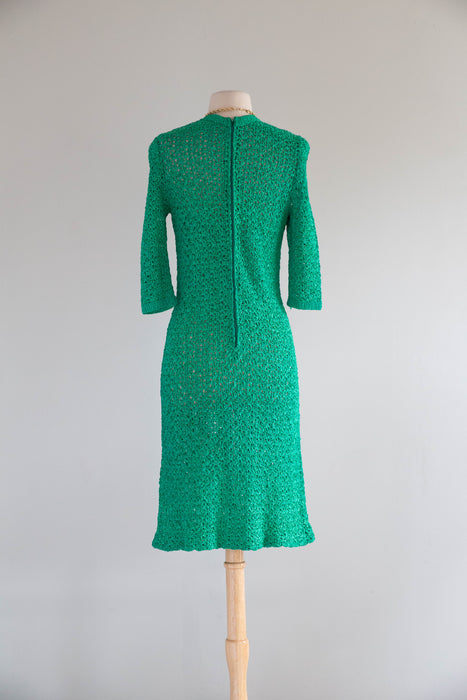 Beautiful 1960's I.Magnin Jade Green Crochet Dress With Pockets / M