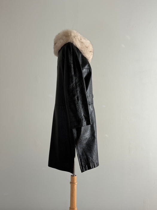 Fabulous 1960's Black Leather Coat With Fur Collar / ML