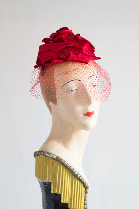 Scrumptious 1950's Red Panne Velvet Rose Bud Cocktail Hat By Mr. Irving