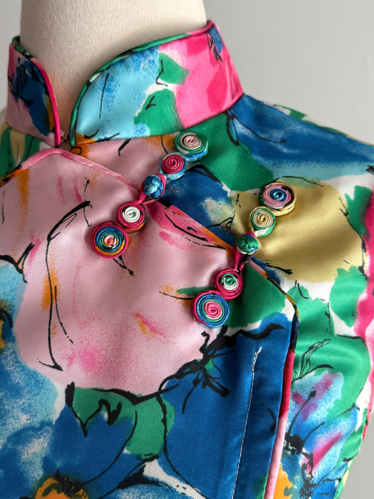 Glamorous 1960's Garden Print Cheongsam Maxi Dress By Dynasty / M