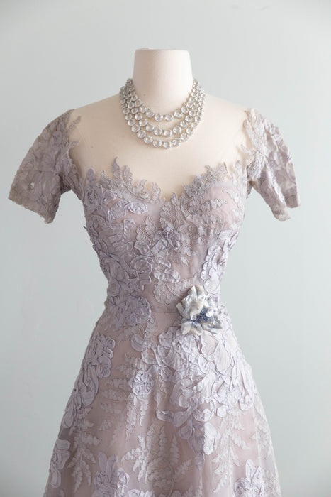 Exquisite and Rare 1950's Philip Hulitar Misty Lilac Illusion Lace Couture Cocktail Dress / S