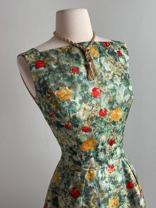 Exquisite Late 1950's Silk Brocade Cocktail Dress & Matching Jacket / SM