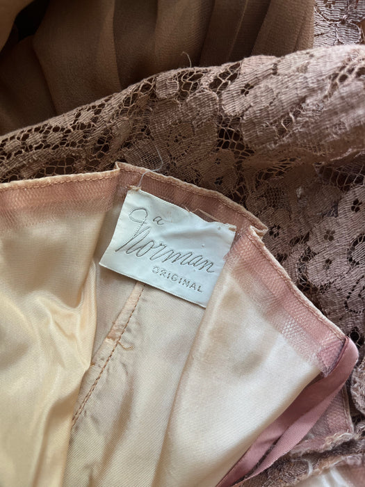 Vintage 1950's Nude Beige Lace Cocktail Dress by Norman / S