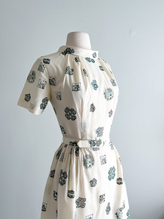 Sweet Silk 1960's Asian Novelty Print Dress / Sz S