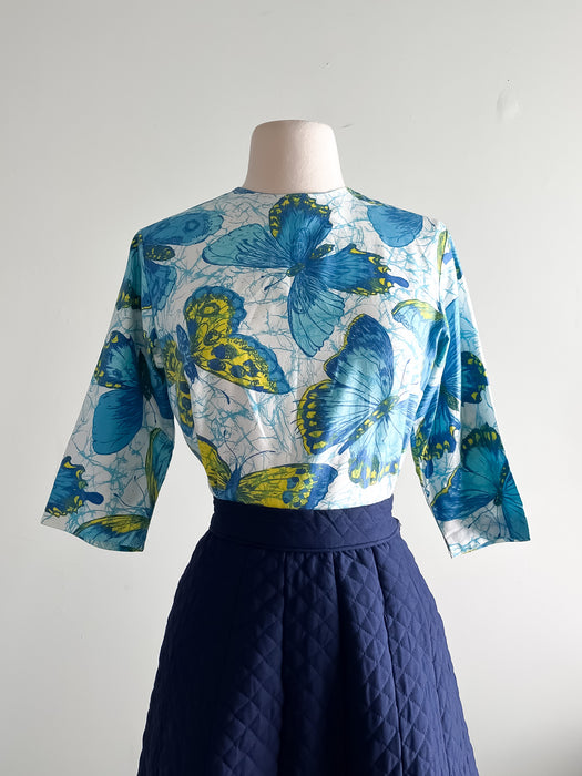 Sweet 1960's Blue and Yellow Butterfly Blouse / Sz M