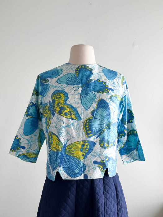 Sweet 1960's Blue and Yellow Butterfly Blouse / Sz M