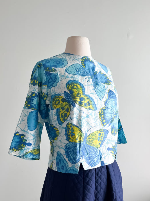Sweet 1960's Blue and Yellow Butterfly Blouse / Sz M