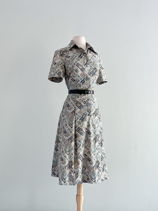 Amazing Paisley Printed 1960's Shirt Dress / Sz M