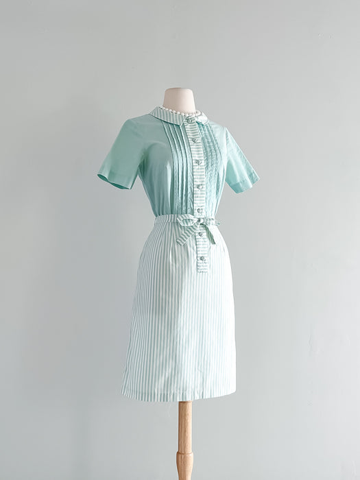 Sweet 1960's Mint Striped Day Dress / Sz SM
