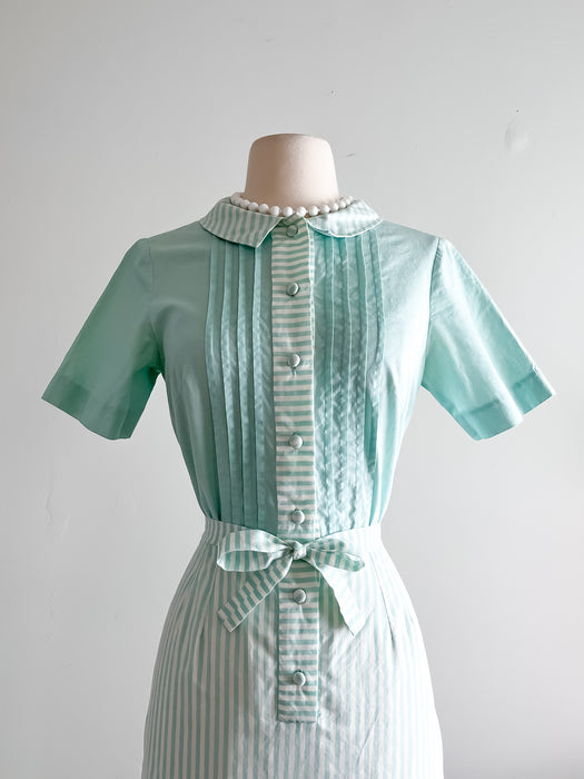 Sweet 1960's Mint Striped Day Dress / Sz SM