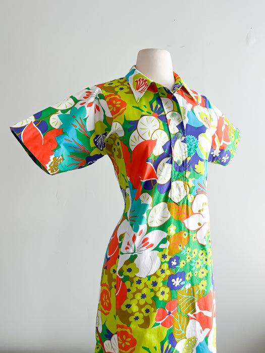 Psychedelic 1960's Floral Print Island Maxi Dress / Sz L