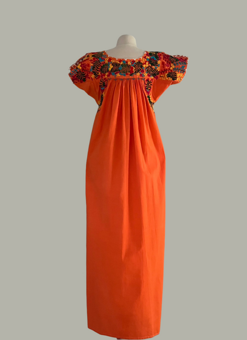 Vintage 1970's Sunset Orange Mexican Huipil Style Dress / M