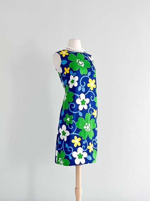 Coolest 1960's Bold Floral Print Shift Dress By Aloha Authentic Hawaiian / Sz L