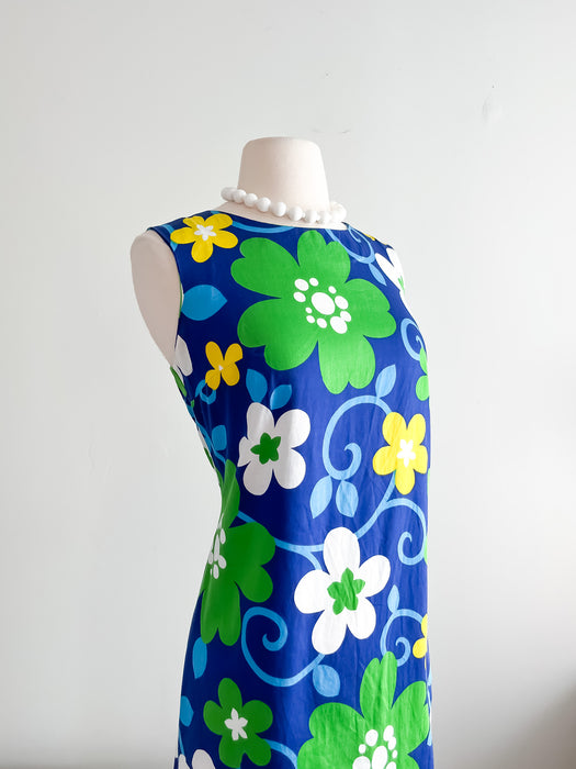 Coolest 1960's Bold Floral Print Shift Dress By Aloha Authentic Hawaiian / Sz L