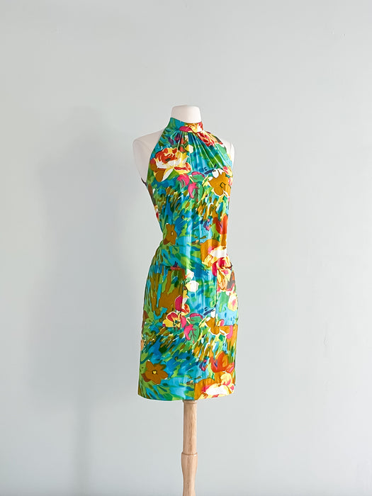Adorable 1960's Watercolor Floral Print Halter Dress / Sz XS