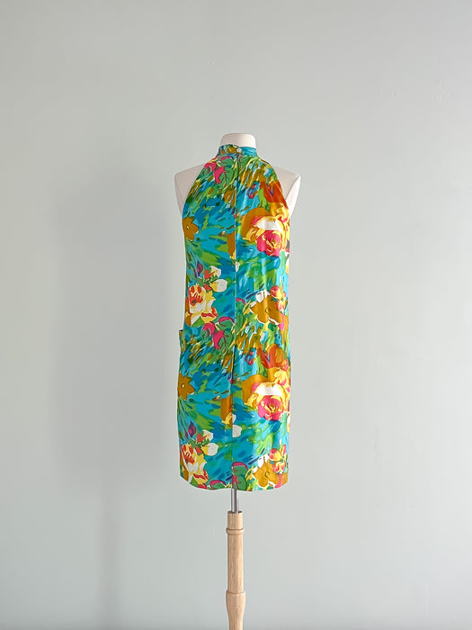 Adorable 1960's Watercolor Floral Print Halter Dress / Sz XS