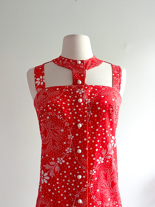 Amazing 1960's Tomato Red Daisy Print Dress with Cutout Neckline / Sz XS
