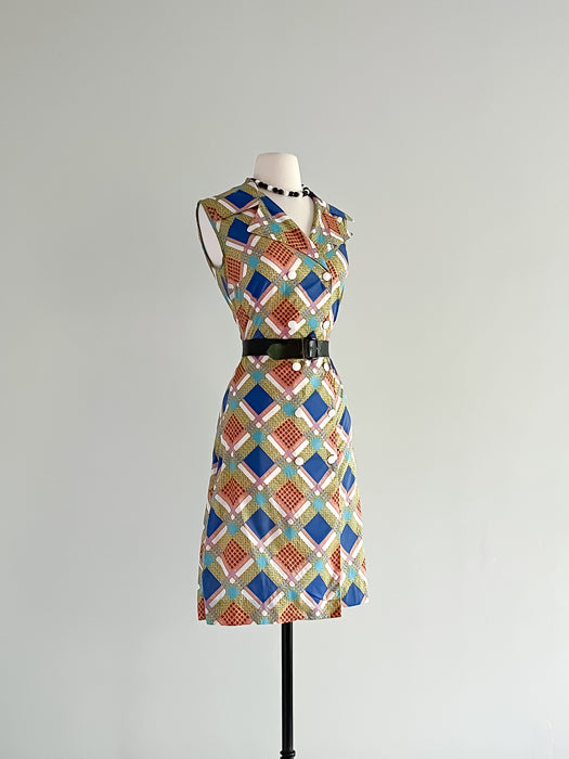 Sweet 1960's Daisy & Diamond Printed Shift Dress / Sz M/L