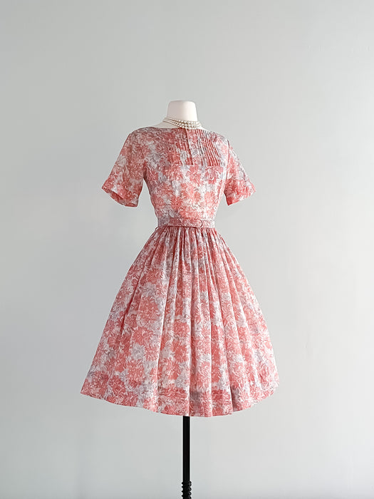 Darling 1950's Coral & Grey Floral Print Day Dress  / Sz S