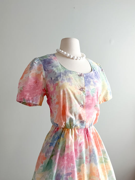 Dreamy 1980's Watercolor Floral Printed Cotton Summer Dress  / Sz M