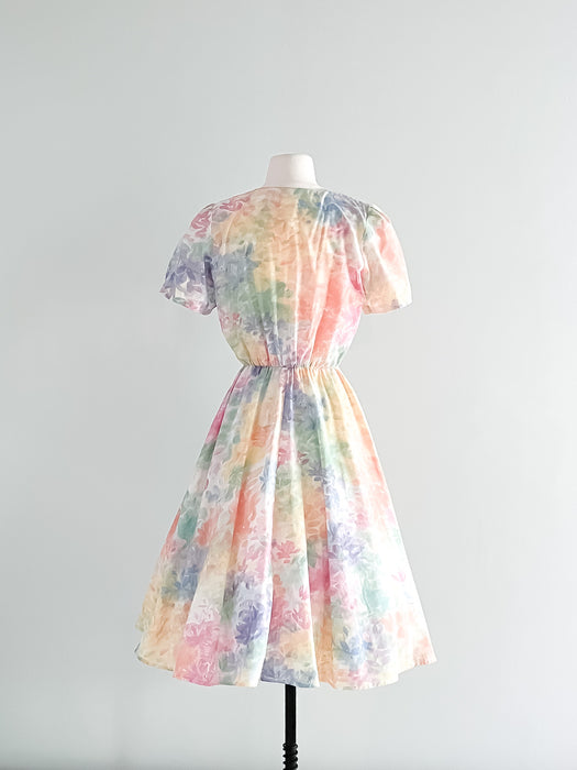 Dreamy 1980's Watercolor Floral Printed Cotton Summer Dress  / Sz M