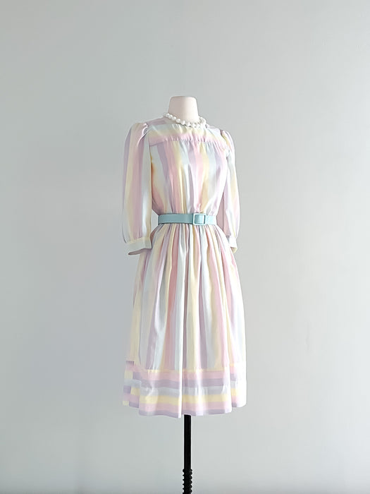 1980's Pastel Rainbow Striped Cotton Day Dress  / Sz M