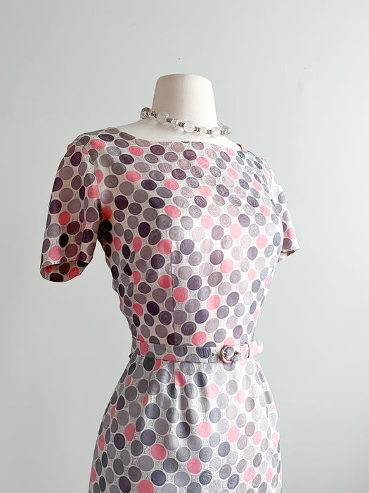 Lovely 1960's Pink & Grey Polka Dot Wiggle Dress  / Sz XS