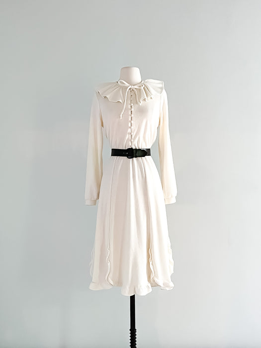 Amazing 1970's Ivory Knit Day Dress / Sz M