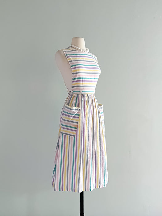 Summer in Capri 1980's Pastel Striped Apron Style Dress / Sz XS