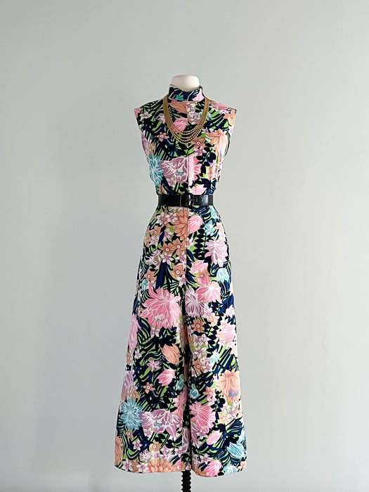 Fabulous 1970's Tropical Floral Print Jumpsuit / Sz M/L