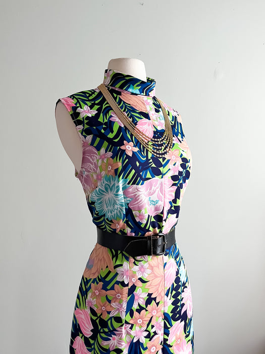 Fabulous 1970's Tropical Floral Print Jumpsuit / Sz M/L