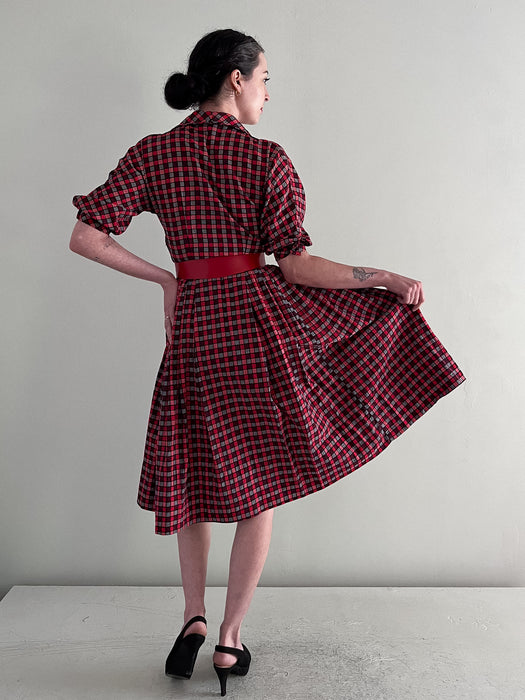 Gorgeous 1950's Red and Black Checkered Dress / Sz XS