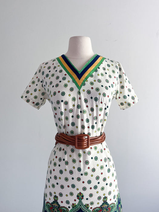 1960's Paisley Rainbow Border Print Cotton Dress / Sz M