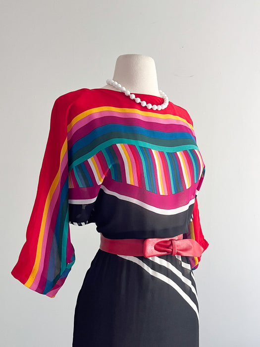 1980's Geometric Striped Sheer Day Dress / Sz M/L